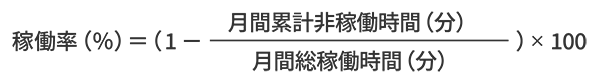 稼働率（%）=（1 - 月間累計非稼働時間（分） / 月間総稼働時間（分））× 100
